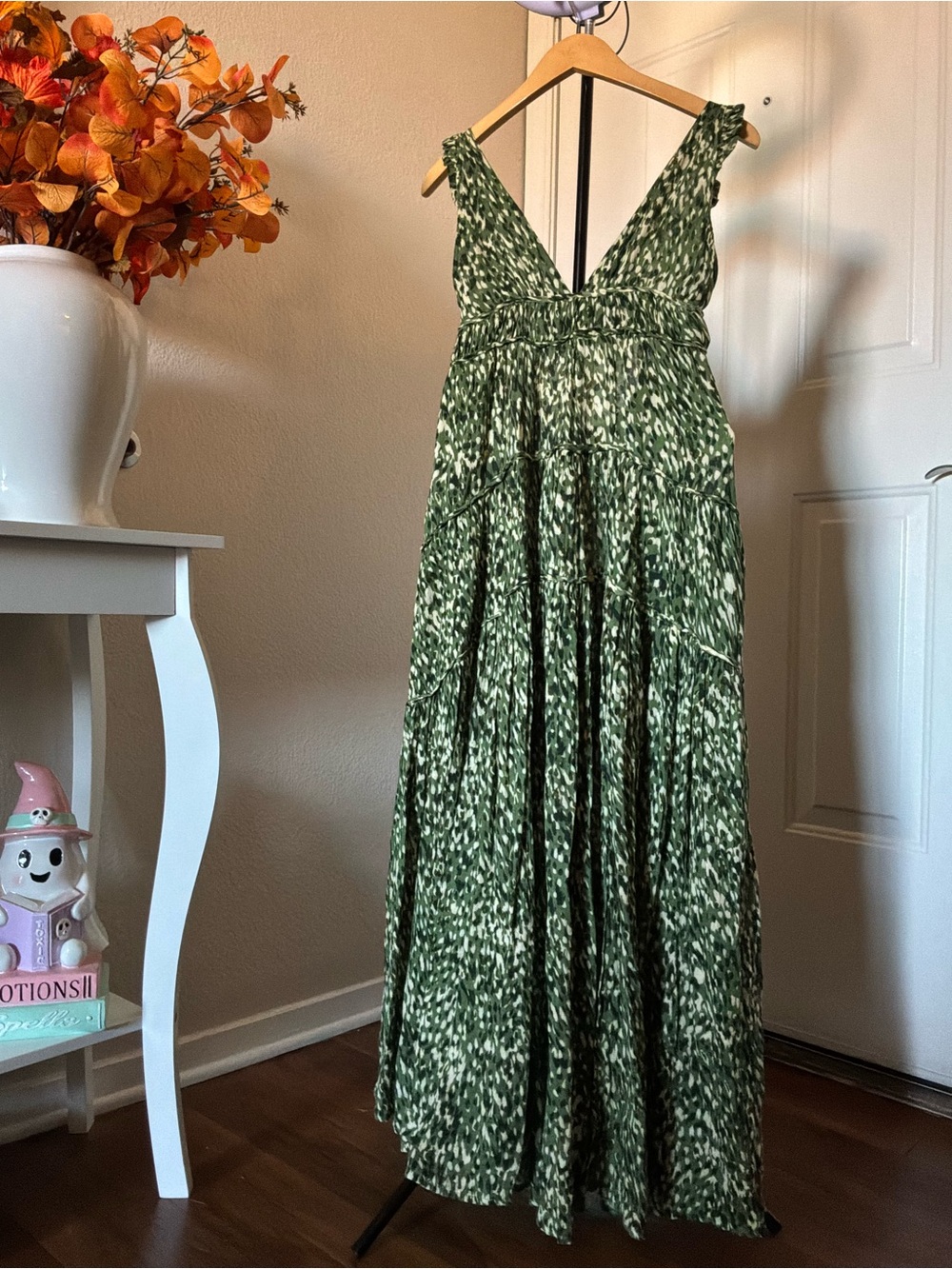 Anthropologie Green Printed V-Neck Maxi Dress